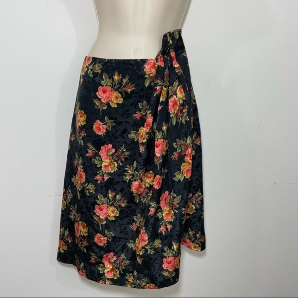 Vintage homemade wrap skirt dark floral satin size 1X 80s 90s cottagecore